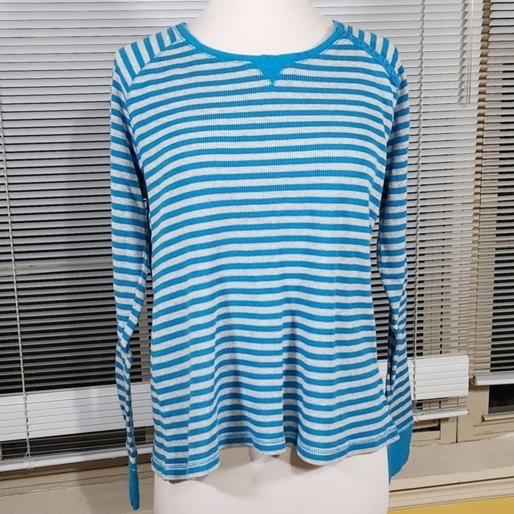 SJB Active $35 Large Teal Gray‎ Striped Cotton Stretch Thermal Long Sleeved Top